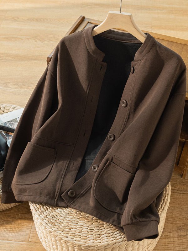 100% Natural Fabric Pure Color Buttoned Casual Coat