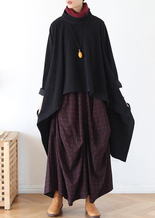 Women black knit blouse asymmetric hem oversize high neck knit tops