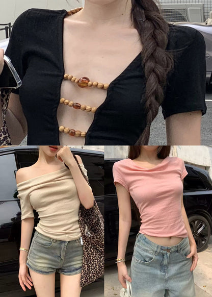 Apricot Wear On Both Sides BeadingPatchwork Cotton T Shirts Slash Neck