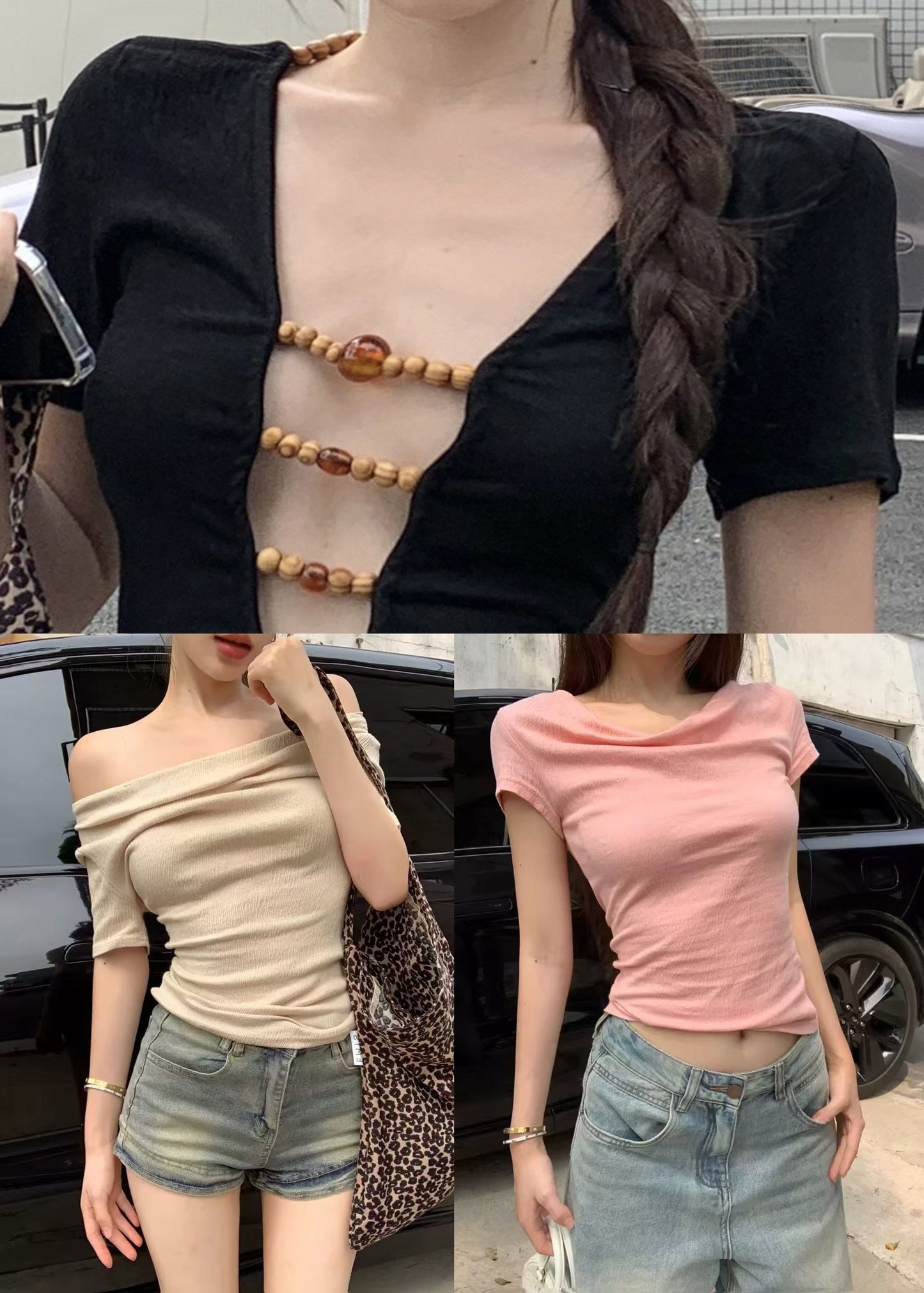 Sexy Pink Beading Wear On Both Sides Cotton T Shirts Summer