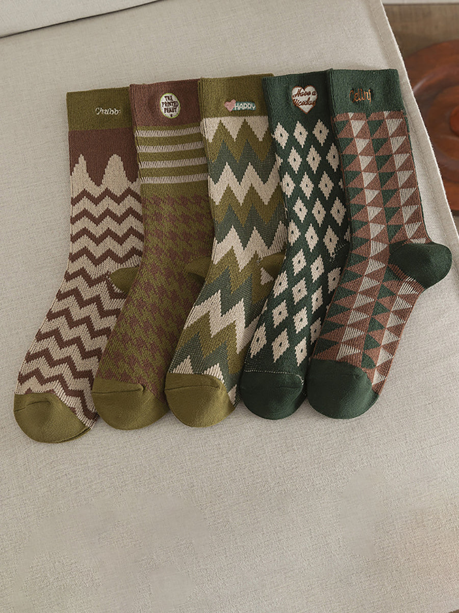 5 Pairs Women Vintage Mid Tube Striped Cotton Socks