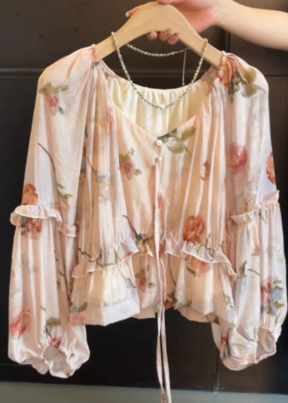 Boho V Neck Tie Lace Print Ruffled Shirts Fall