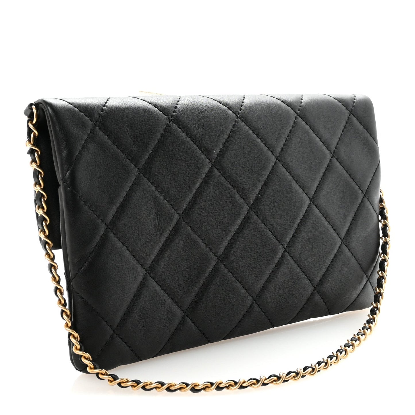 Calfskin Quilted Fold Over Clutch Black