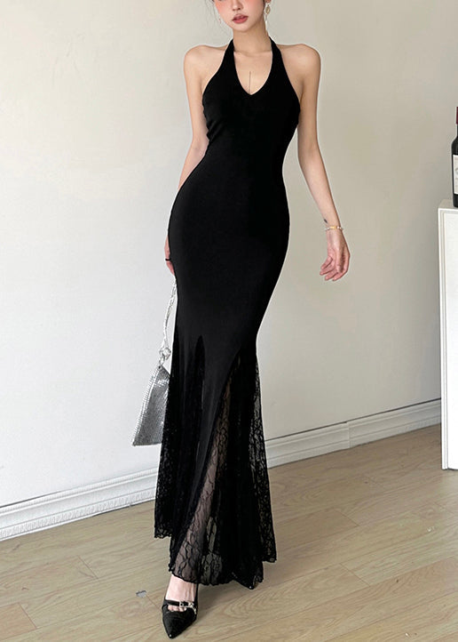 French Black Halter Patchwork Lace Party Dresses Summer