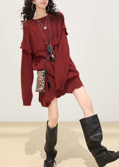 Bohemian Grey Ruffled Patchwork Knit Pullover Winter