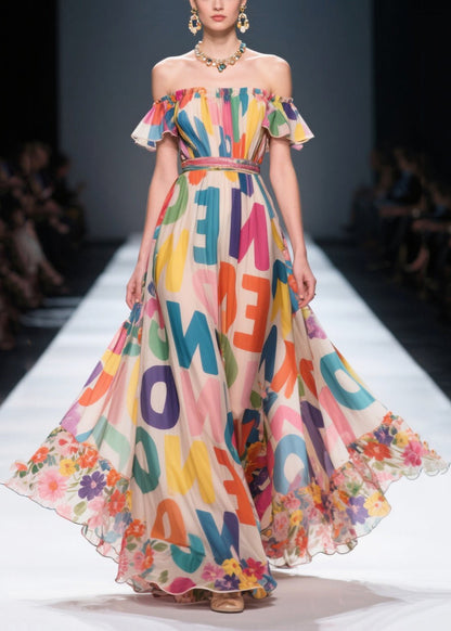 Women Cold Shoulder Letter Print Chiffon Beach Dresses Summer