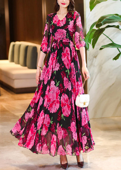 Women Rose V Neck Print Chiffon Maxi Dresses Summer