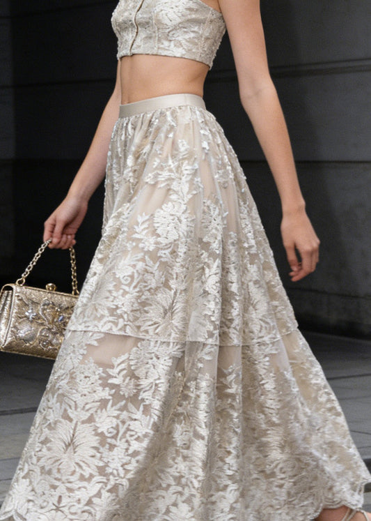 French Apricot Embroidered High Waist Tulle Skirts Spring