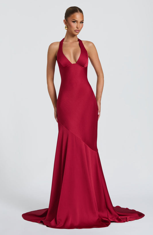 Sexy Halter Deep V Neck Solid Color Stitching Dress