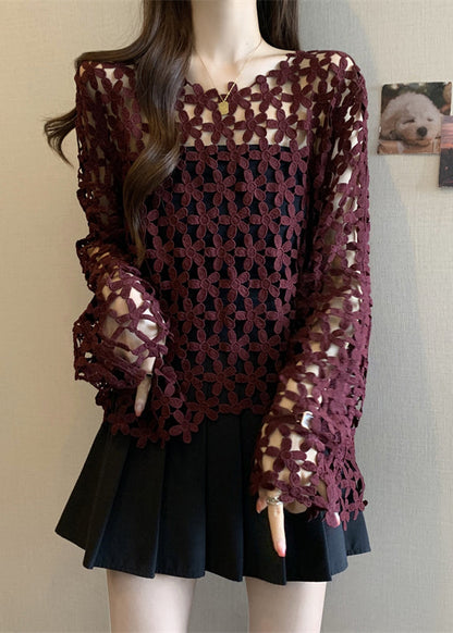 Plus Size Mulberry Embroidered Floral Sheer Tops Fall