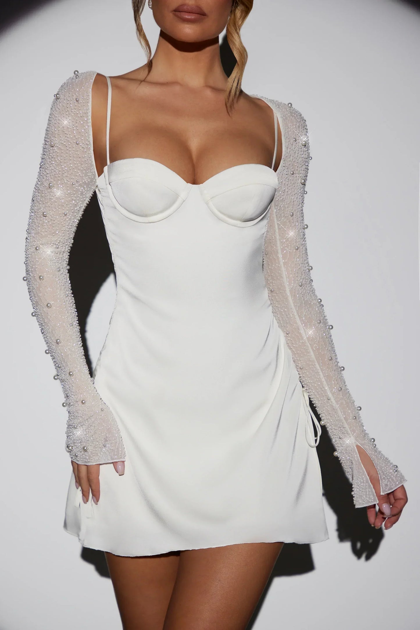 Long Sleeve Embellished A-Line Mini Dress In White