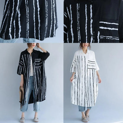 2018 white cotton dress plus size clothing dresses women bracelet sleeved patchwork Turn-down Collar striped cotton dresses