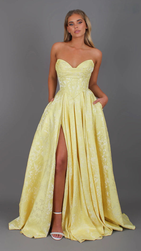 POSIE - Yellow Formal Dress, Strapless Basque waist Corset, Bra Cups, Satin embossed floral Gown