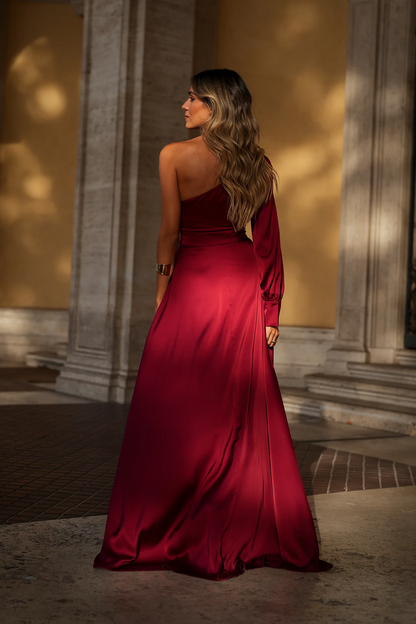 Sexy One-Shoulder Waist Slit Solid Color Dress