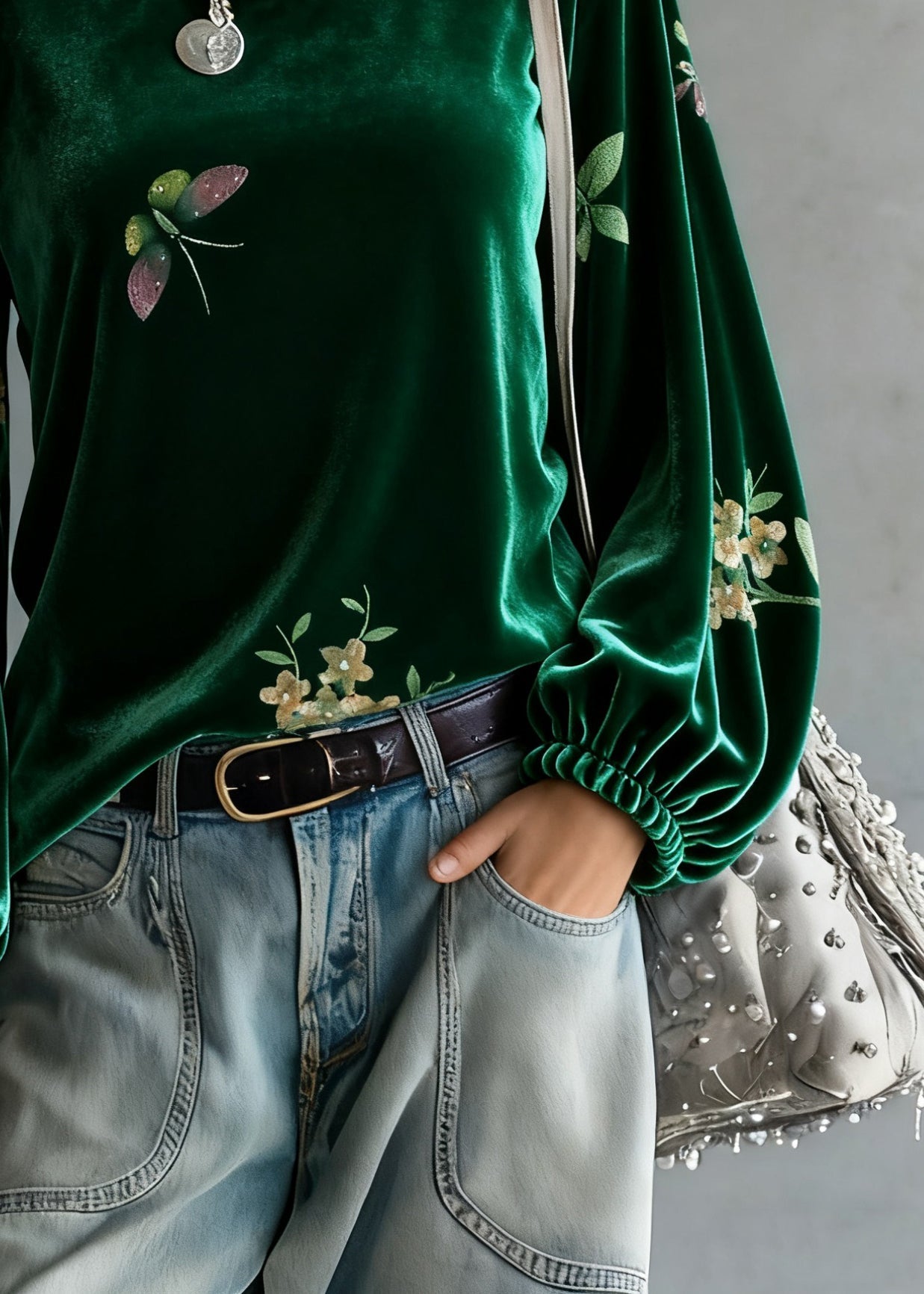 Vintage Green O-Neck Print Silk Velour Tops Spring