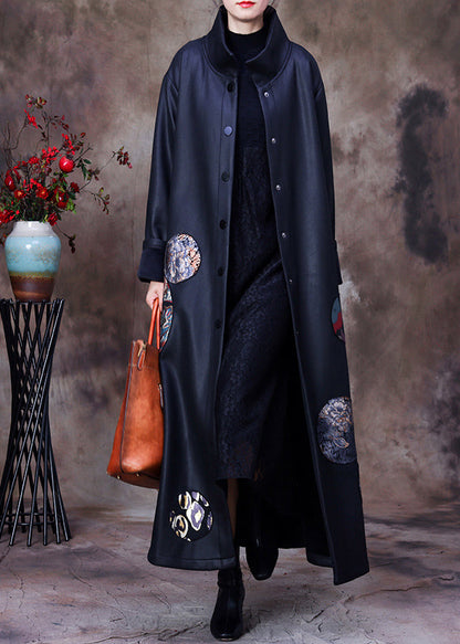 Organic Black Stand Collar Embroideried Floral Button Silk Trench Coats Long Sleeve