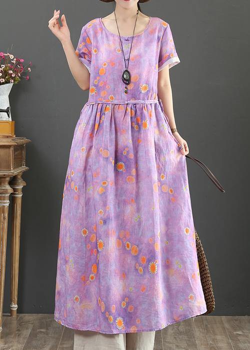 Beautiful o neck drawstring cotton linen summer clothes purple print Dress