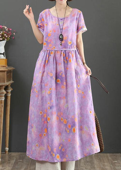 Beautiful o neck drawstring cotton linen summer clothes purple print Dress