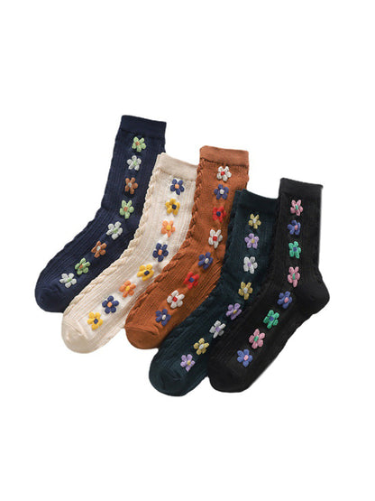 5 Pairs Female Retro Flower Autumn Socks
