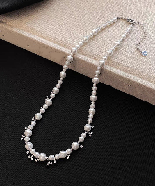 Elegant White Alloy Zircon Pearl Beading Gratuated Bead Necklace