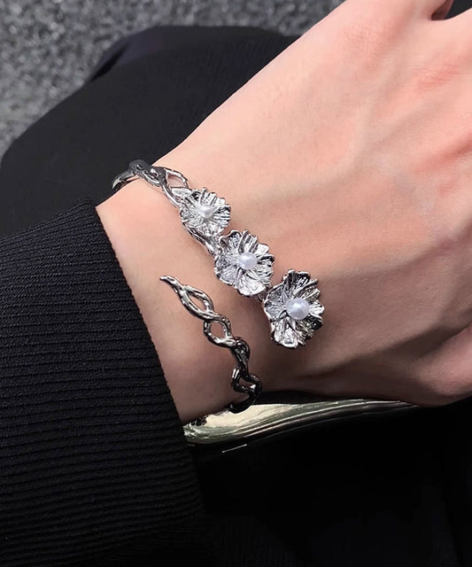 Fine Silk Sterling Silver Pearl Floral Asymmetrical Wrinkled Cross Cuff