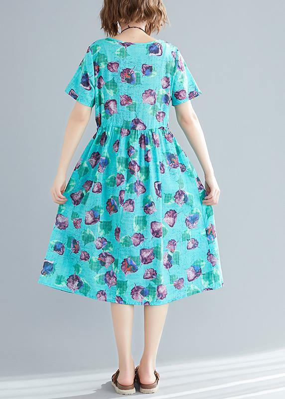 DIY blue print linen quilting clothes Fitted Wardrobes o neck patchwork A Line Summer Dress