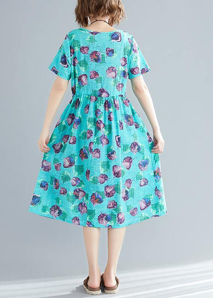 DIY blue print linen quilting clothes Fitted Wardrobes o neck patchwork A Line Summer Dress