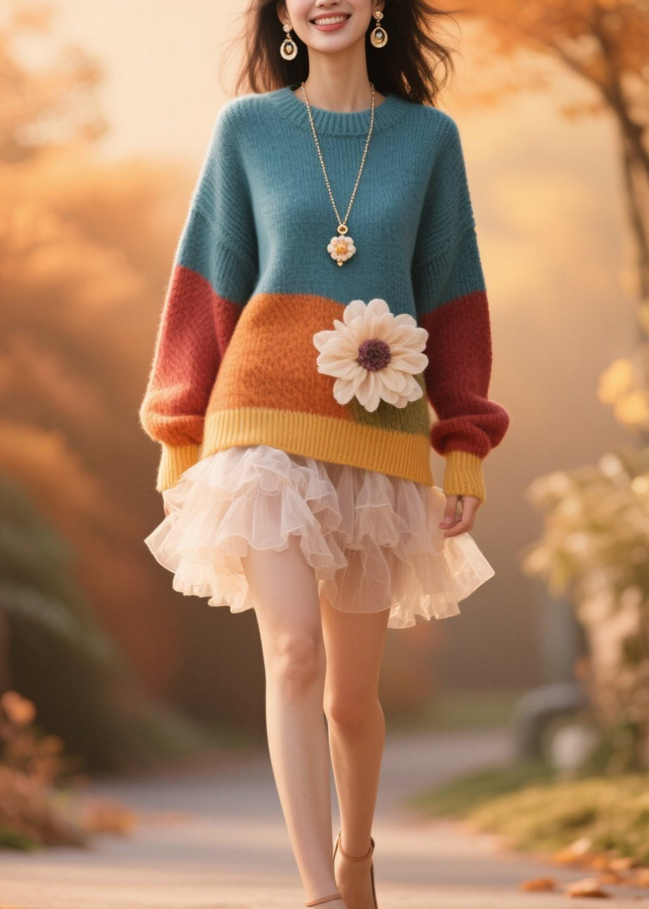 Plus Size Colorblock O Neck Floral Knit Pullover Fall