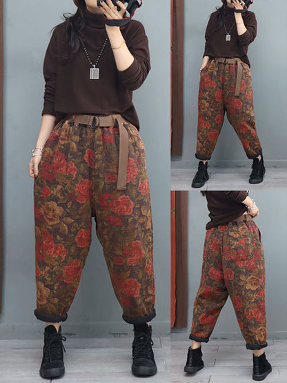 Vintage Flower Print Elastic Waist Harem Pants With Belt