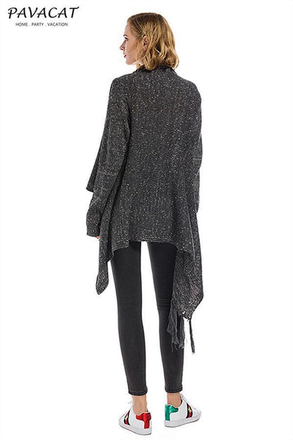 Tassel Asymmetrical Hem Shawl Speckled Fringe Cardigan - Khaki
