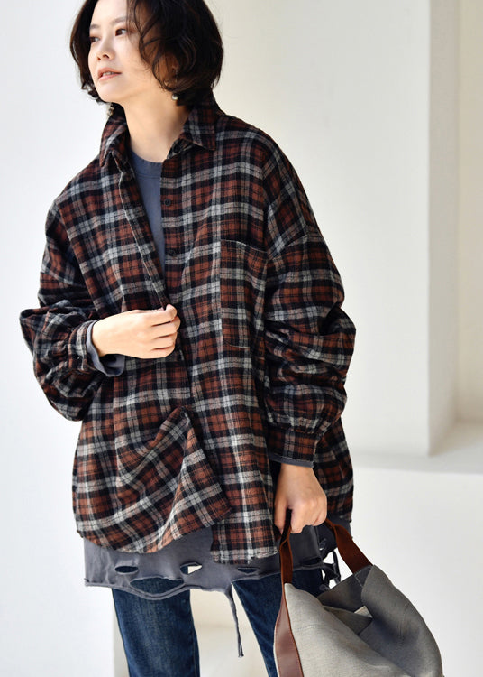 Stylish Black Coffee Plaid Peter Pan Collar Low High Design Cotton Shirt Long Sleeve