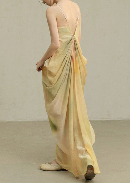 Novelty Yellow Tie Dye Wrinkled Cotton Spaghetti Strap Dress Sleeveless
