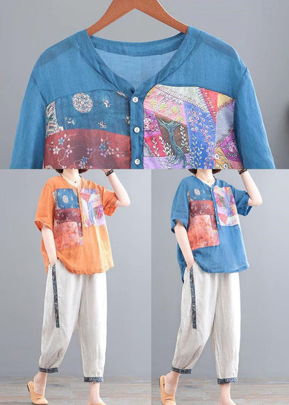 Italian Orange Oversized Print Linen Two Pieces Set Summer
