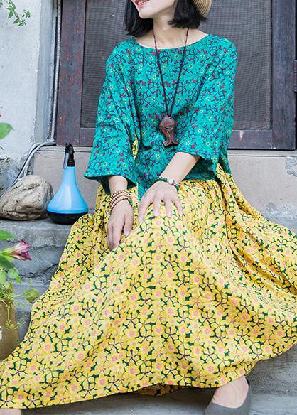 Elegant yellow blue print linen Robes o neck patchwork Traveling summer Dresses