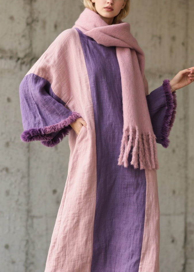 Plus Size Colorblock Fuzzy Fur Patchwork Cotton Dress Fall