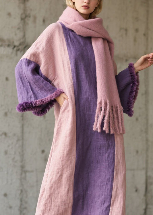 Plus Size Colorblock Fuzzy Fur Patchwork Cotton Dress Fall