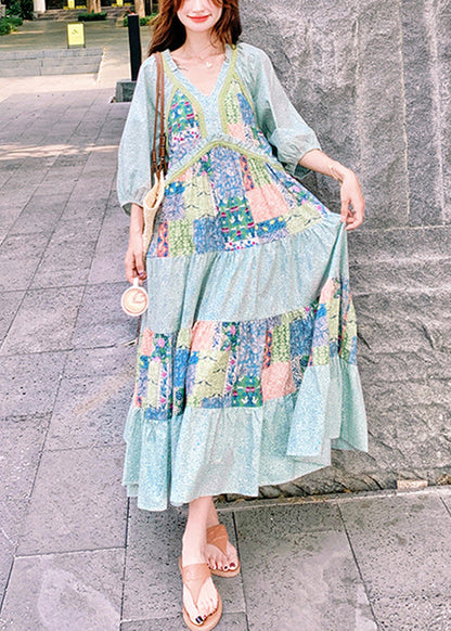 Bohemian Blue Print Side Open Patchwork Cotton Maxi Dresses Half Sleeve