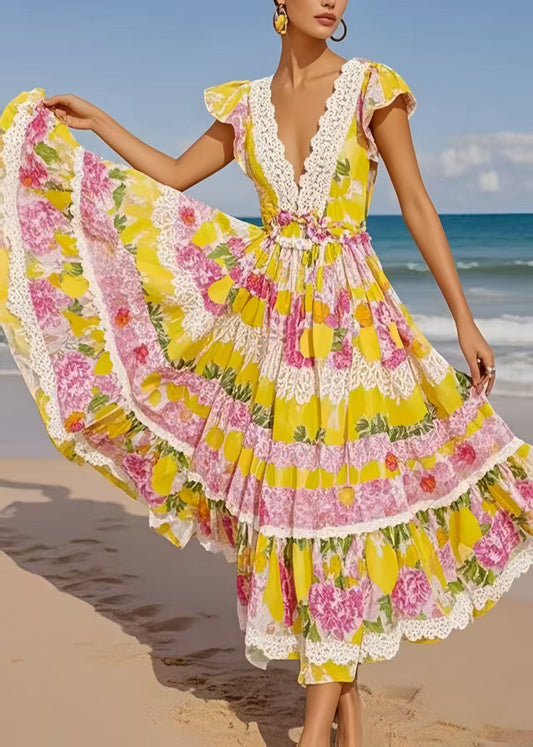 Bohemian Yellow Print Exra Large Hem Cotton Sundress Sleeveless