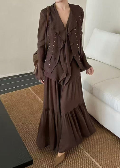 2025 Autumn New Coffee Ruffled Top Skirt Rivet Vest Three Piece Set