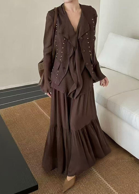 2025 Autumn New Coffee Ruffled Top Skirt Rivet Vest Three Piece Set