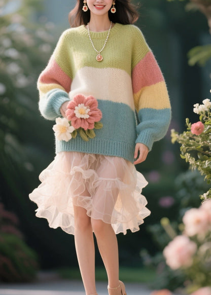 Original Design Colorblock O Neck Floral Knit Pullover Fall