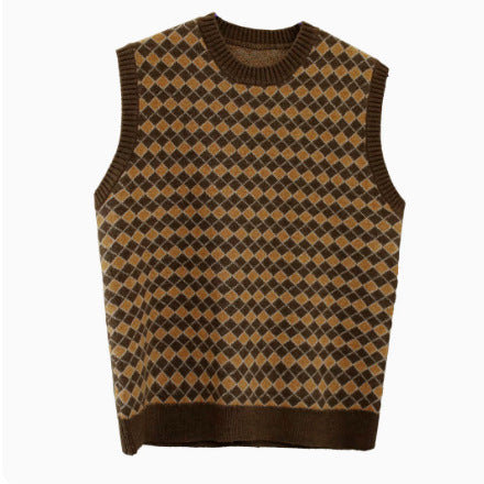 Plaid Round Neck Warm Knitted Sweater Vest