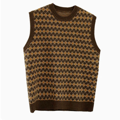 Plaid Round Neck Warm Knitted Sweater Vest