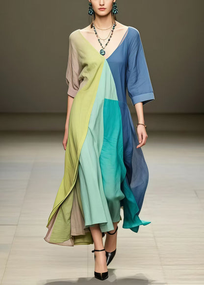 Chic Colorblock Asymmetrical Exra Large Hem Cotton Maxi Dresses Summer