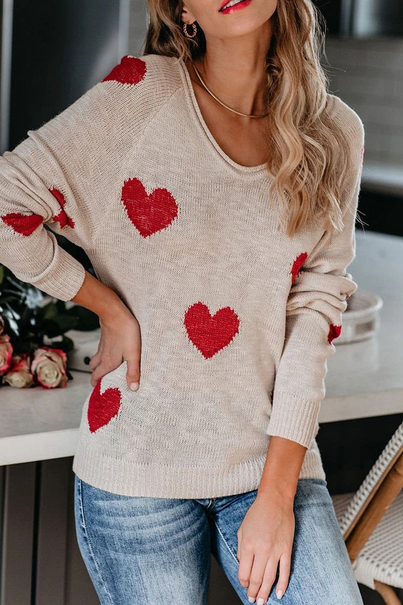 Heart Print V-Neck Knitted Sweater