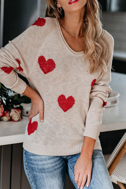 Heart Print V-Neck Knitted Sweater
