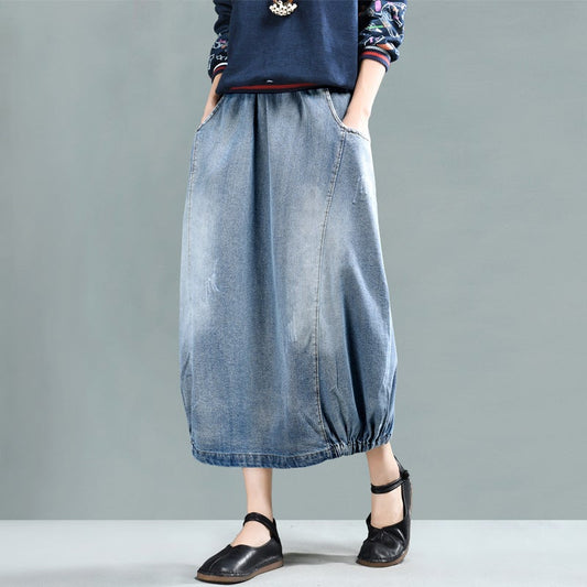 Retro A-Line Cotton Denim Skirt