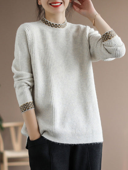 Women Vintage Winter Spliced Knitted Loose Sweater