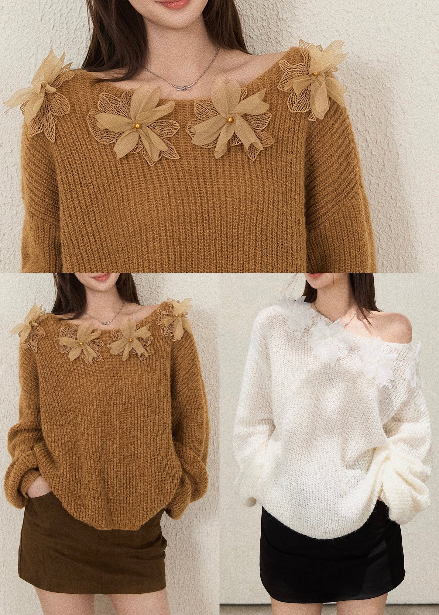 Boho White Oversized Floral Decorated Knit TopS Fall
