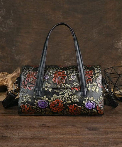 New Retro Black Embossed Calf Leather Tote Bag